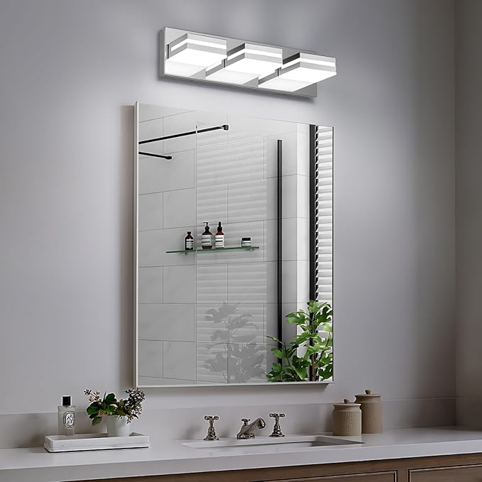 Modern LED Small Bathroom Lights Fixtures(3-Light),Stainless Steel Chrome Acrylic Wall Lighting,Vanity Lights for Bathroom Over Mirror(6000K 16in)