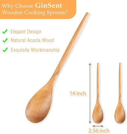 GinSent 2PCS Wooden Spoons for Cooking,14-INCH Wooden Spoons Cooking Comfort Grip Wooden Cooking Spoons Wood Spoon Cooking Kitchen Utensils for Stirring Serving,Non-Stick Cookware Safe