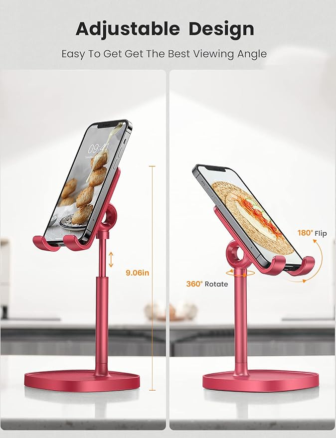 LISEN Cell Phone Stand Adjustable Phone Holer for Desk, Computer Office Desk Accessories for iPhone 16 Holder Women Kitchen Essentials Fits Switch Kindle iPads Tablet 4-10in (Red)
