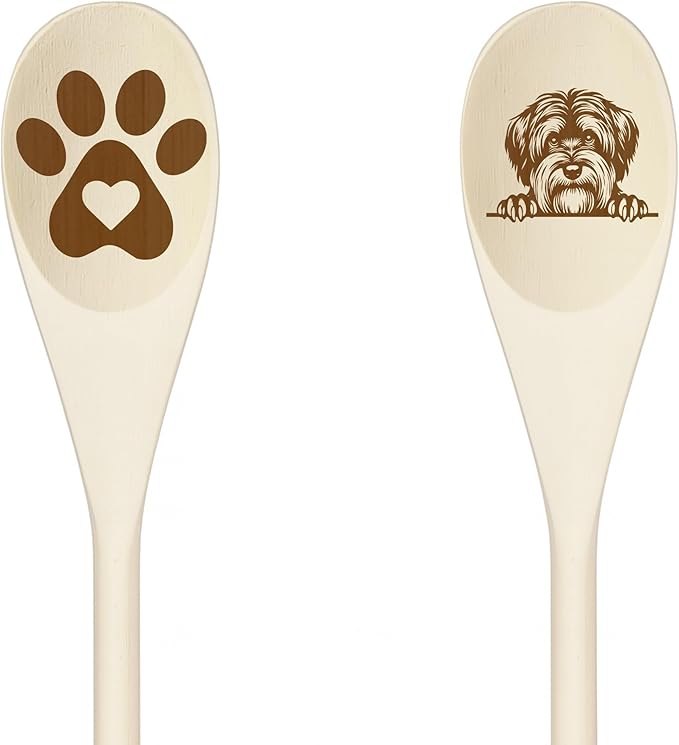 TIBETAN TERRIER Wooden Spoons for Cooking, Serving or Decorative Kitchen Utensils Set Dog Lover Dog Mom/Dad Gift with Peeking Dog Designs, Paw Print and Dog Head, Kitchen Utensils Set of 2