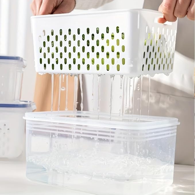 2 Pack Fruit Storage Containers for Fridge with Removable Colanders, Dishwasher & Microwave safe Produce Storage Containers with Lids Keep Fruits, Vegetables, Berry, Meat Fresh longer