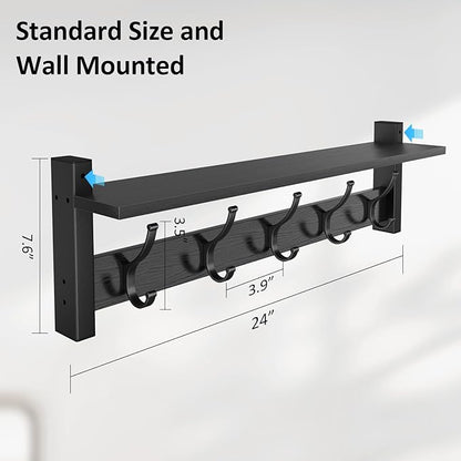 Coat Rack Wall Mount with Shelf, 24 Inch Coat Hanger Walls Mounted, Hat Rack for Walls, Shelf with 5 Coat Hooks, Wall Hanger for Entryway (Black)