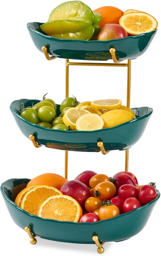 Lifevc 3 Tier Ceramic Fruit Bowl for Kitchen Counter,Tiered Fruit Basket for Countertop, Serving Tray for Food, Vegetable, Cake, Dessert in Party(Dark Green)