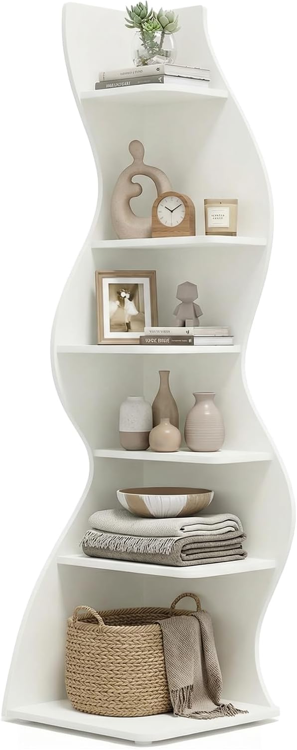 Arvolia 70 Inch Corner Bookshelf, Modern 5-Tier Small Bookshelf with Unique Curved Design, Freestanding Vertical Storage Shelf for Living Room, Bedroom or Home Office (White)