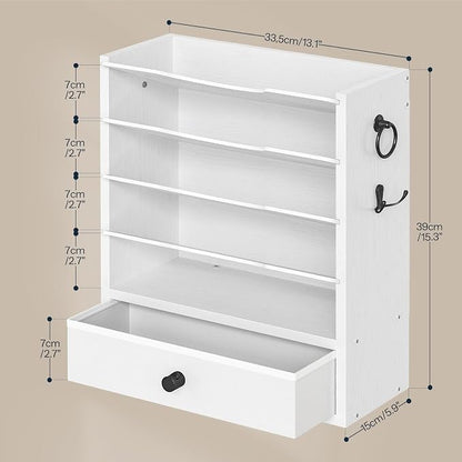 HOOBRO Wall File Organizer, Mail Organizer Wall Mounted, Wooden Literature Organizer, Construction Paper Organizer with Drawer Storage and 2 Hooks, for Office, Classroom, Home, White WT14WF01