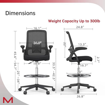 Drafting Chair for Standing Desk with Locking Casters, Tall Office Chair with Foot Ring, High Back Ergonomic Drafting Stool, Flip-Up Arms, Adjustable Lumbar Support, 300 Lbs Capacity