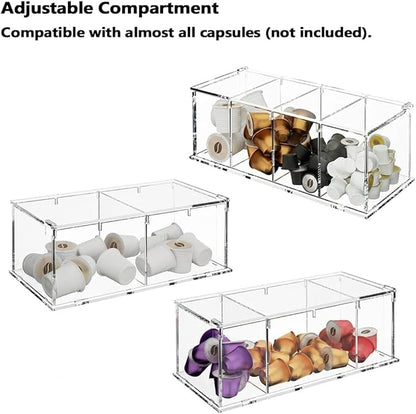 RR RAXMIN Coffee Capsule Holder Acrylic Box K Cup Holder Coffee Pod Storage Clear Acrylic 4 Compartment with Lid Organizer Coffee Bar Accessories