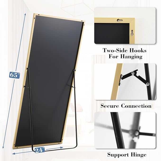 NEWBULIG Mirror Full Length, 65"x24" Body Wall Mirrors with Shatter-Proof Glass, Upgraded Floor Standing Mirror, Hanging or Leaning, with Stand Aluminum Alloy Frame for Home Decor, Bedroom, Gold