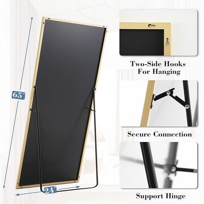 NEWBULIG Mirror Full Length, 65"x24" Body Wall Mirrors with Shatter-Proof Glass, Upgraded Floor Standing Mirror, Hanging or Leaning, with Stand Aluminum Alloy Frame for Home Decor, Bedroom, Gold