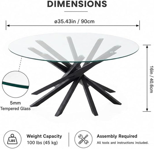 Round Glass Coffee Table-Mid Century Modern Solid Wood Coffee Table | Unique Glass Top&Solid Wood Mortise Interlocking Starburst Legs Design for Living Room,Office,Hotel Lobby