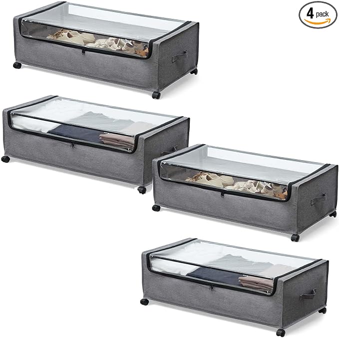 FOUCSSOMEI 4-Packs Under Bed Storage with Wheels, Under The Bed Storage Drawers On Wheels, Rolling Underbed Drawers, Lockable, Heavy Duty