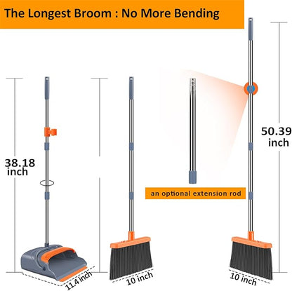 Upgrade Broom and Dustpan Set, Self-Cleaning with Dustpan Teeth, Indoor&Outdoor Sweeping, Ideal for Dog Cat Pets Home Use, Stand Up Broom and Dustpan (Gray&Orange)