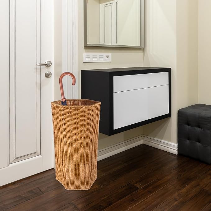 Artificial Rattan Umbrella Stand 15.55In Indoor Umbrella Storage Bucket with Drainage Tray for Entryway and Yoga Mat Organizer