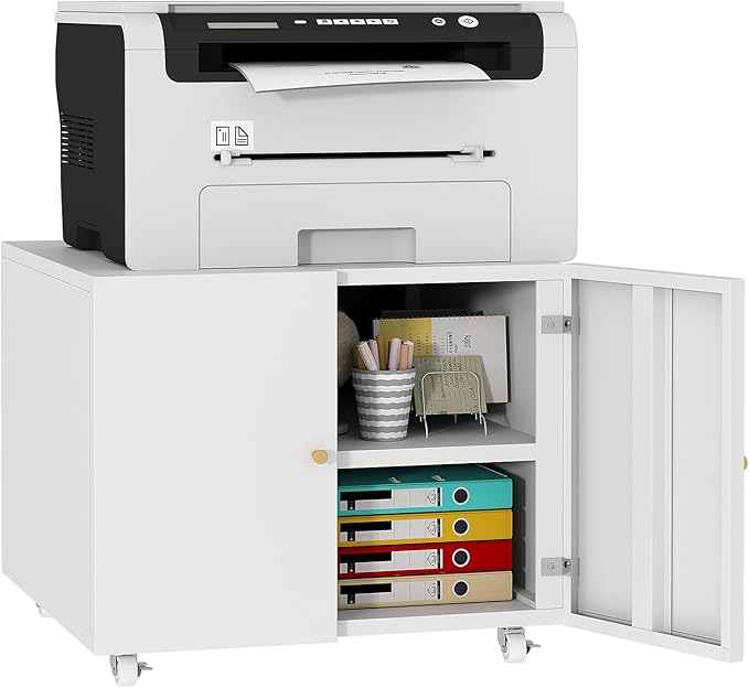 TEEALUBAN Printer Stand with Storage Cabinet with Wheels,3D Heavy Duty Metal Large Printer Table with Adjustable Shelf for Home Office, Mobile Printer Cart,White,17.72" H