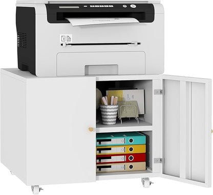 TEEALUBAN Printer Stand with Storage Cabinet with Wheels,3D Heavy Duty Metal Large Printer Table with Adjustable Shelf for Home Office, Mobile Printer Cart,White,17.72" H