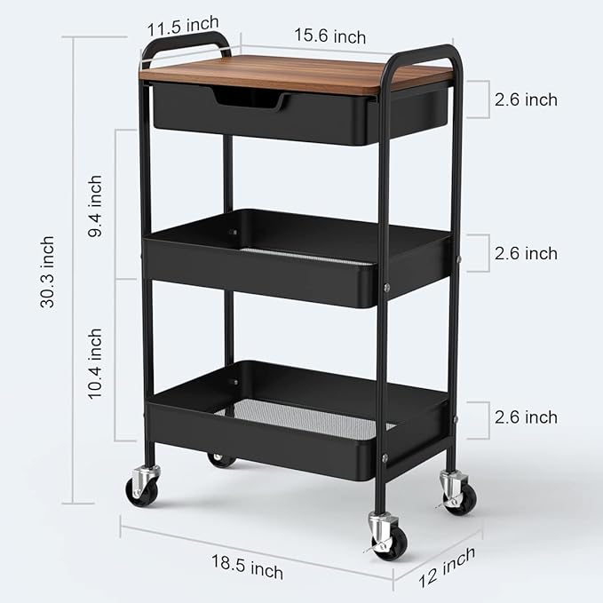 Aratan 3 Tier Rolling Cart with Drawer, Metal Utility Cart on Wheels Storage Cart with Wood Top, Kitchen Cart Art Cart Organizer for Bathroom Office Balcony Living Room