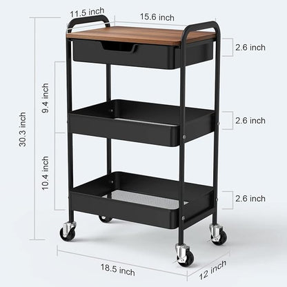 Aratan 3 Tier Rolling Cart with Drawer, Metal Utility Cart on Wheels Storage Cart with Wood Top, Kitchen Cart Art Cart Organizer for Bathroom Office Balcony Living Room