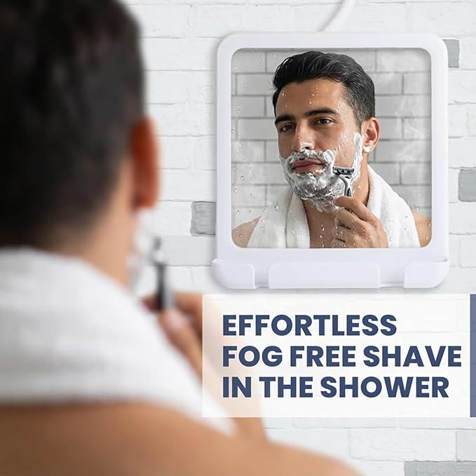 Real Glass Hanging Shower Mirror for Distortion-Free Shaving - Fogless Mirror with Razor Holder, 360° Adjustable Hook - Fill Back Reservoir with Hot Water for Anti-Fog Shave (8" x 7", White)