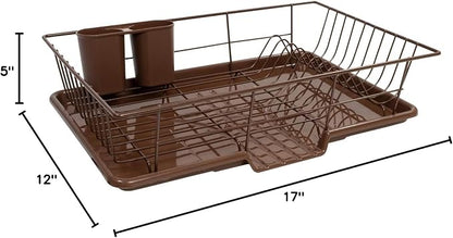 Sweet Home Collection Space-Saving 3-Piece Dish Drainer Rack Set: Efficient Kitchen Organizer for Quick Drying and Storage - Includes Cutlery Holder and Drainboard - Maximize Countertop Space, Bronze