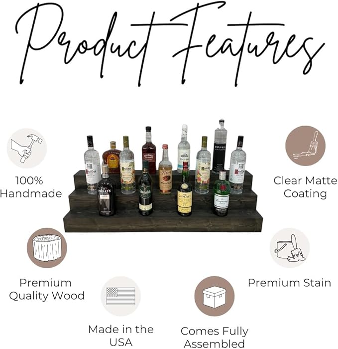 Handmade Tiered Display Shelving - Three Tier Bar Display - Bar Organizer - Liquor Bottle Display (30" without Back, Black)