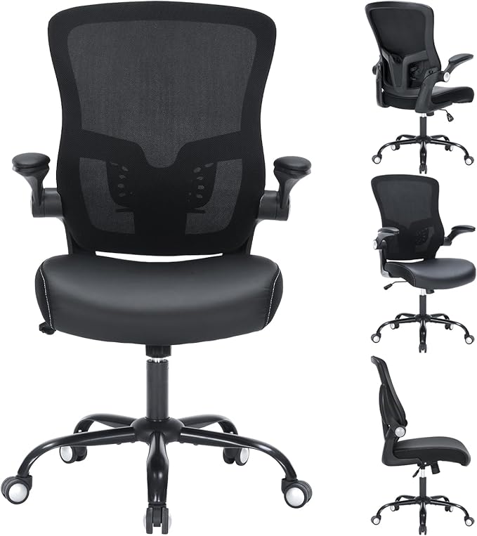 Office Chair PU Leather Cushion, Ergonomic Desk Chair with Flip-Up Arms, 300 LBS Home Office Desk Chairs Adjustable Seat Height & Lumbar Support, Executive Comfy Swivel Task Computer Chair