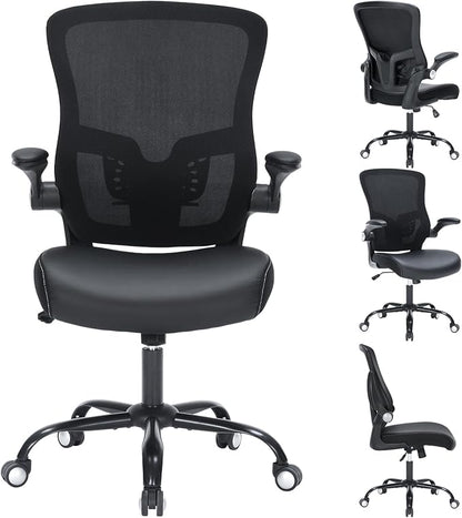 Office Chair PU Leather Cushion, Ergonomic Desk Chair with Flip-Up Arms, 300 LBS Home Office Desk Chairs Adjustable Seat Height & Lumbar Support, Executive Comfy Swivel Task Computer Chair