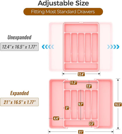 ukeetap Extra Large Expandable Silverware Organizer, BPA-Free Food-Safe Cutlery Flatware Organizer, Kitchen Utensil Drawer Organizer, Adjustable Silverware Holder for Spoons Forks Knives, Pink
