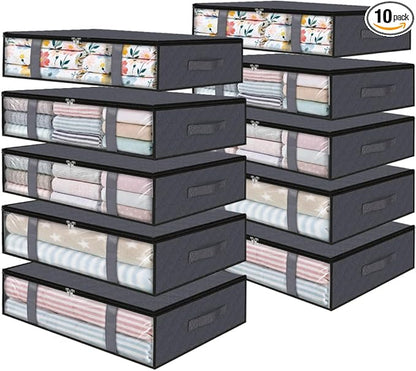 StorageRight Under Bed Storage Bags 10 Pack, 40L Large Clothes & Comforter Storage Containers with Clear Window, Breathable Fabric Organizer for Blankets, Bedding, Seasonal Clothing, Grey