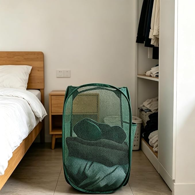 Larpur Pop Up Laundry Hamper Collapsible Laundry Basket, Portable Mesh Clothes Hamper, Dark Green
