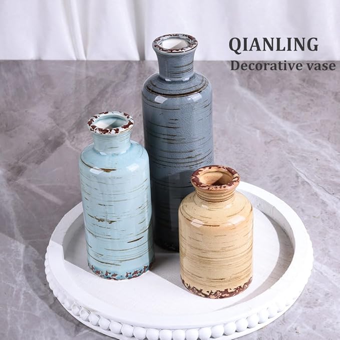 Ceramic Vase Set - 3 Small Flower Vases Home Decor, Modern Rustic Farmhouse Pottery Vases for Centerpieces, Living Room, Kitchen, Shelf, Bedroom, Bathroom, Fireplace, Table Shelf and Entryway Decor
