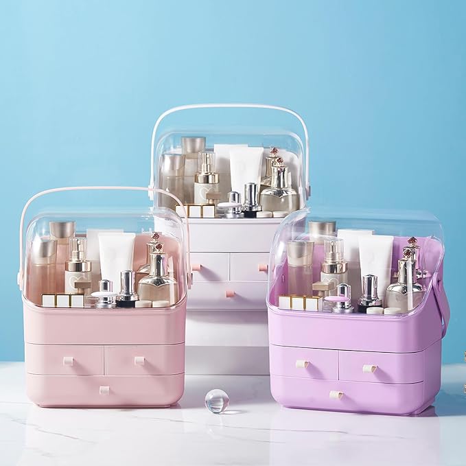 Large Makeup Organizer w Drawers Beauty Organizer Makeup Box Holder Vanity Organization Desk Countertop MakeUp Organizers Bathroom Counter Organizer Skincare Cosmetic Case Stand Dustproof Lid Gift