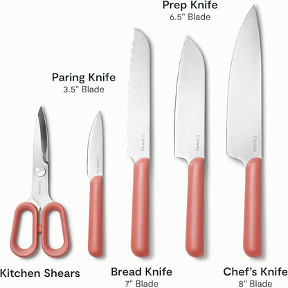 Caraway 14-Piece Kitchen Prep Set - Kitchen Knife Set & Wooden Utensil Set - Made With Premium German Steel Blades & FSC-Certified Birch Wood - Non-Toxic Materials - Includes Organizer - Perracotta