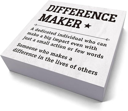 HTBIG Difference Maker Thank You Gifts Office Decor Funny Inspirational Desk Decor Coworker Gifts for Women Men Teacher Boss Day Retirement Rustic Wooden Box Sign for Tabletop Office Bookshelf White