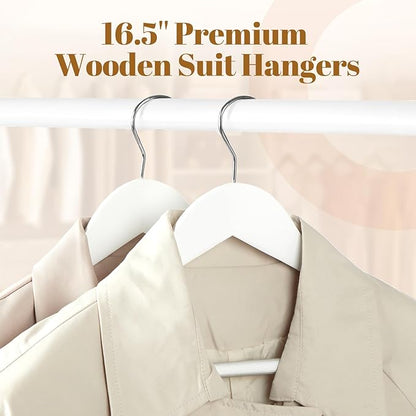HOUSE DAY Wooden Suit Hangers 6 Pack，Heavy Duty Wide Shoulder Hangers, Solid Wood Coat Hanger with Non-Slip Pant Bar for Petite Adults, Teens and Small Suits, Coats, Jackets (White, 16.5‘’)
