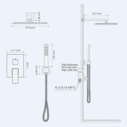 Shower Faucet Set Bathroom Square Rain Shower Head and Handle Set, Wall Mounted Shower Fixtures With Shower Valve and Trim Kit 10 inch Polished Chrom