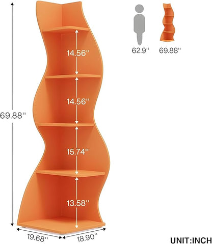 Arvolia 70 Inch Corner Bookshelf, Modern 5-Tier Small Bookshelf with Unique Curved Design, Freestanding Vertical Storage Shelf for Living Room, Bedroom or Home Office(Orange)
