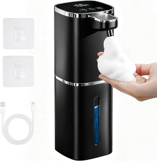 Automatic Foaming Soap Dispenser Touchless, USB Rechargeable Smart Hand Soap Dispenser, 9-Level Adjustable, 13.5oz/400mL,IPX5 Waterproof, Wall/Tabletop Kitchen Bathroom, Black