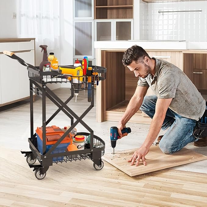 LeleCAT 2-Tier Storage Cart with Wheels, Heavy Duty Folding Rolling Cart,110lbs Capacity Easy Assembly Grocery Cart for Kitchen & Shopping - Collapsible Space-Saving Utility Cart Effortless Carry