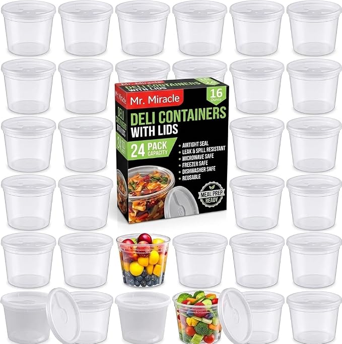 Mr Miracle Deli Containers with Lids - 24 Pack of 16 oz Clear Airtight Reusable Plastic Food and Multi-Purpose Containers - Microwave, Freezer, and Dishwasher Safe