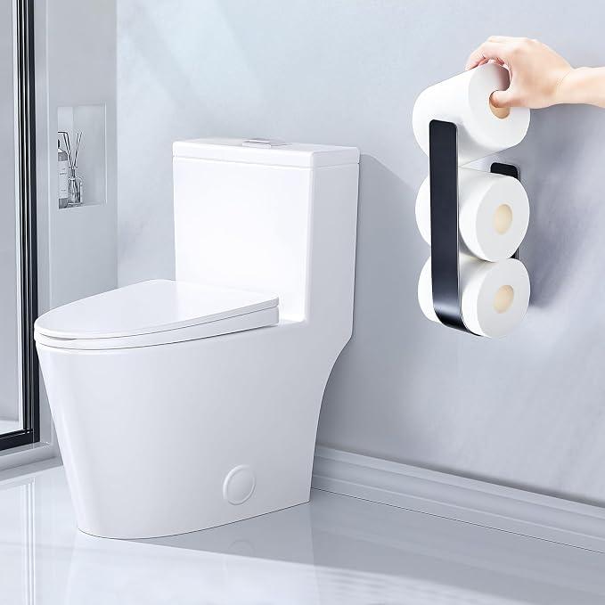 Toilet Paper Storage Wall Mount, Over The Tank Extra Toilet Paper Holder for 3 Rolls Tissue, Metal Tissue Roll Storage Stand for Bathroom, RV Adhesive Loo Roll Holder (Black)