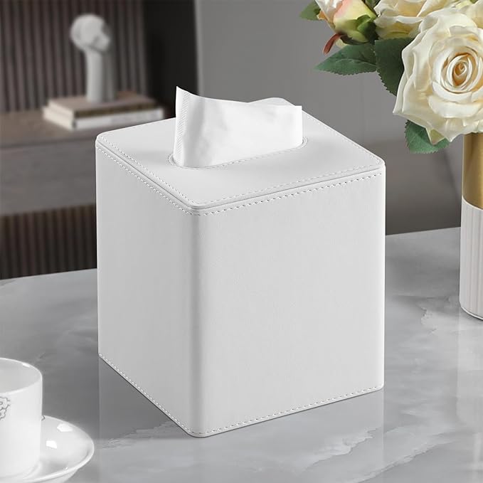 MEIBOOCH PU Leather Tissue Box Cover Square Tissue Box Holder with Magnetic Closure (White)