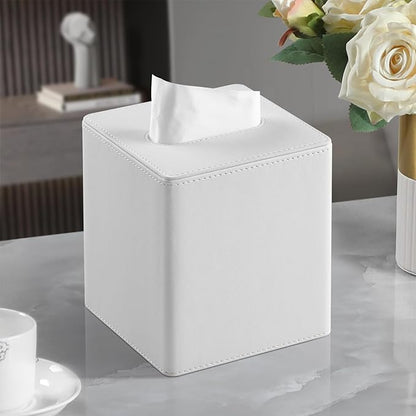 MEIBOOCH PU Leather Tissue Box Cover Square Tissue Box Holder with Magnetic Closure (White)