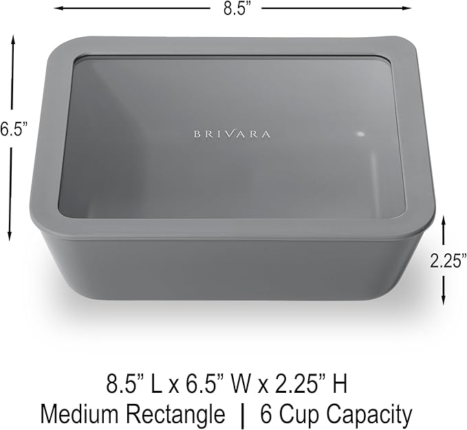 BRIVARA HOME Ceramic Coated Glass Food Storage Container | No PTFE, PFOA, PFAS, and BPA | Reusable Non Toxic Meal Prep Container with Glass Lid | Easy To Store | 6 Cup Rectangle [Smoke]