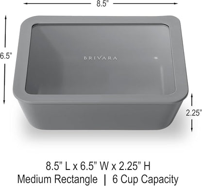 BRIVARA HOME Ceramic Coated Glass Food Storage Container | No PTFE, PFOA, PFAS, and BPA | Reusable Non Toxic Meal Prep Container with Glass Lid | Easy To Store | 6 Cup Rectangle [Smoke]