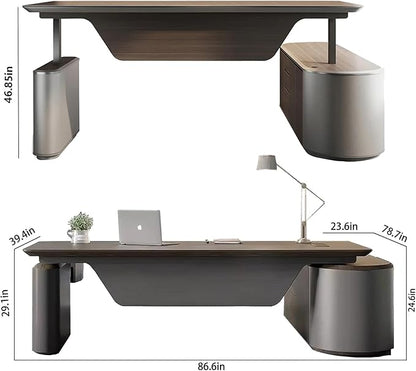86.6" Reversible L-Shaped Adjustable Height Executive Desk with Oval Storage Cabinet - Black/Brown Standing Desk, Rounded Corners, 3 Drawers & 2 Door Compartments, Flexible Home & Office Workstation