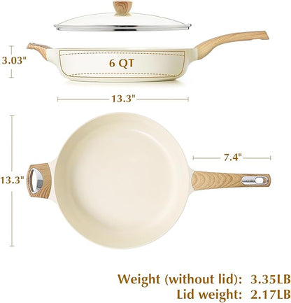 SENSARTE Ceramic Nonstick Frying Pan Skillet with Lid, 13.3 Inch Large Deep Frying Pan, 6 Qt Saute Pan, Induction Pan, Healthy Non Toxic Cooking Pan with Helper Handle, PFOA PFAS PTFE Free