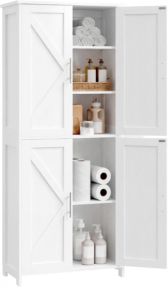Akxomel Tall Bathroom Storage Cabinet, 11 x 22.8 x 63 Inches, Floor Cabinet with Barn Doors, Adjustable Shelf, Linen Pantry Cabinet for for Kitchen, Laundry Room, Living Room, Entryway, White