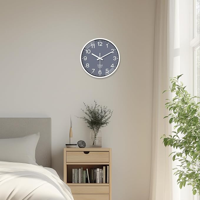 XNM 12 Inch Grey Modern Minimalist Wall Clocks Battery Operated Silent Non Ticking Classic Analog Clock for Living Room Bedroom Decor