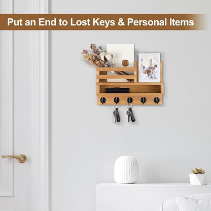 Key and Mail Holder Wall Mount, Key Hanger with Long Storage Box and Key Hooks for Coat, Dog Leash, Home Decor Rack, House Accessories, Entry Way Organizer