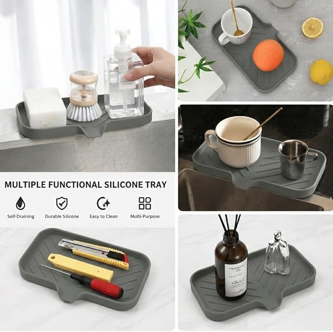 MicoYang Silicone Soap Dish with Drain Spout — Self-Draining Sink Organizer Tray for Bathroom & Kitchen, Sponges, Dispensers & Soap Holder, Non-Slip & Dishwasher Safe, Grey (Medium, 9.6"×5.3")